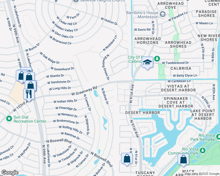map of restaurants, bars, coffee shops, grocery stores, and more near 15402 North Bowling Green Drive in Sun City