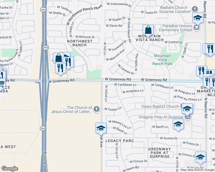 map of restaurants, bars, coffee shops, grocery stores, and more near 16250 West Caribbean Lane in Surprise