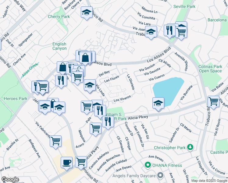 map of restaurants, bars, coffee shops, grocery stores, and more near 26162 La Real in Mission Viejo