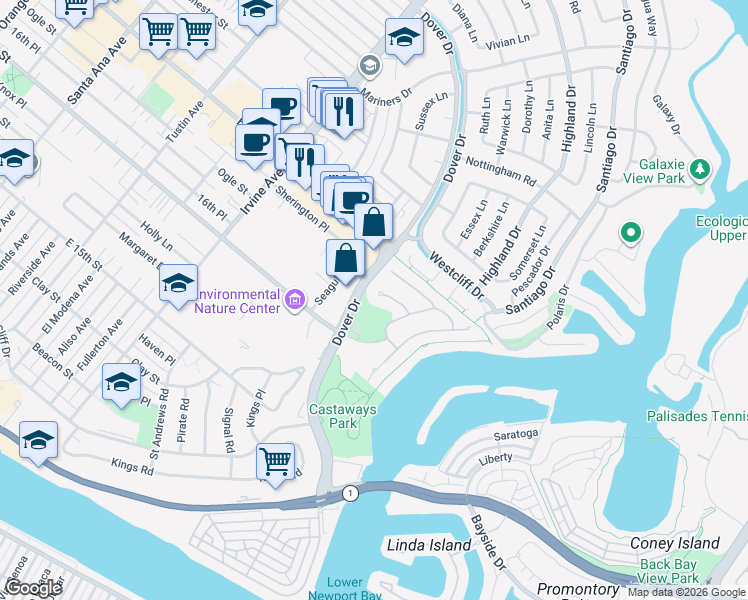 map of restaurants, bars, coffee shops, grocery stores, and more near 13 Cape Danbury in Newport Beach