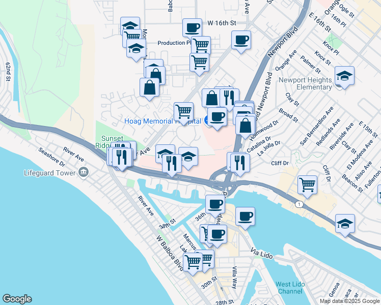 map of restaurants, bars, coffee shops, grocery stores, and more near in Newport Beach