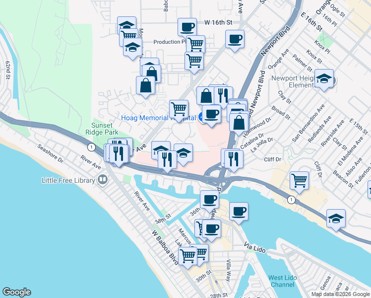 map of restaurants, bars, coffee shops, grocery stores, and more near 270 Cagney Lane in Newport Beach