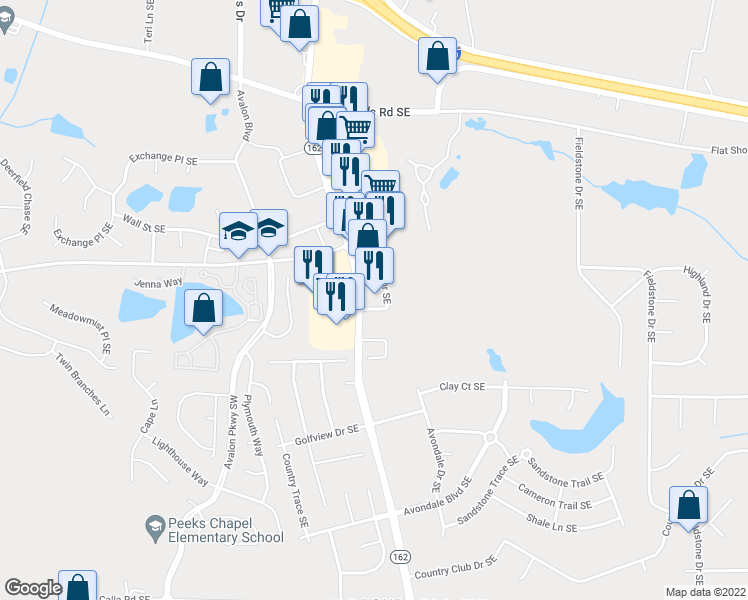 map of restaurants, bars, coffee shops, grocery stores, and more near 2270 Salem Road Southeast in Conyers