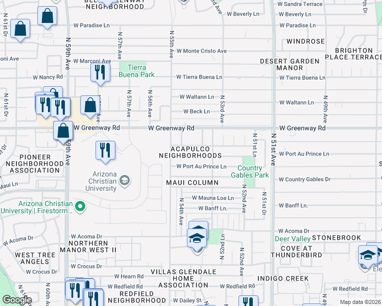 map of restaurants, bars, coffee shops, grocery stores, and more near 5401 West Caribbean Lane in Glendale