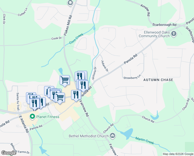 map of restaurants, bars, coffee shops, grocery stores, and more near 1678 Panola Road in Ellenwood