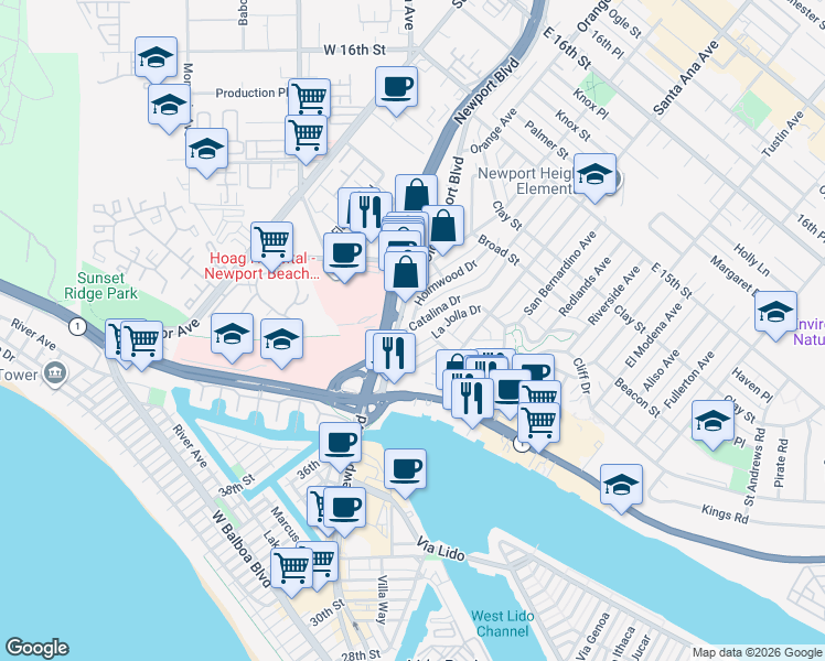 map of restaurants, bars, coffee shops, grocery stores, and more near 250 Catalina Drive in Newport Beach