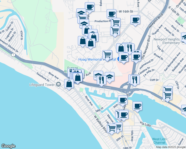 map of restaurants, bars, coffee shops, grocery stores, and more near 200 Paris Lane in Newport Beach