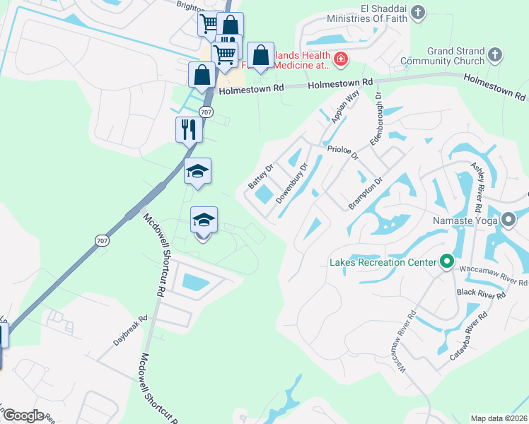 map of restaurants, bars, coffee shops, grocery stores, and more near 525 Battey Drive in Myrtle Beach