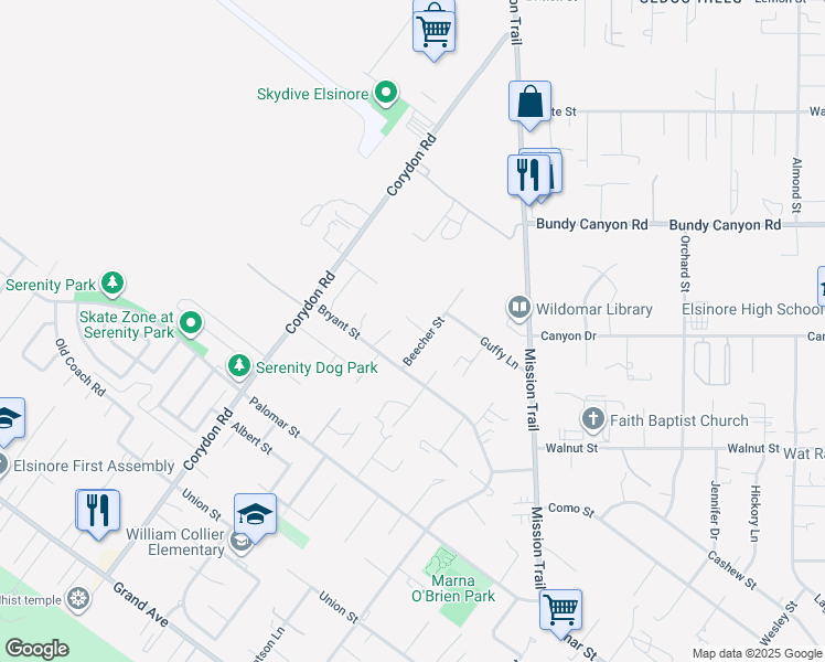map of restaurants, bars, coffee shops, grocery stores, and more near 32175 Beecher Street in Wildomar