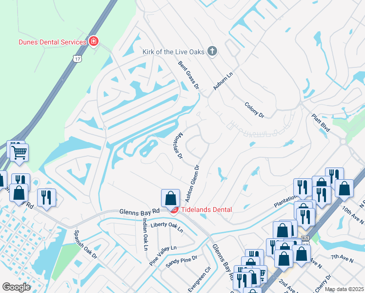 map of restaurants, bars, coffee shops, grocery stores, and more near 1633 Montclair Drive in Myrtle Beach