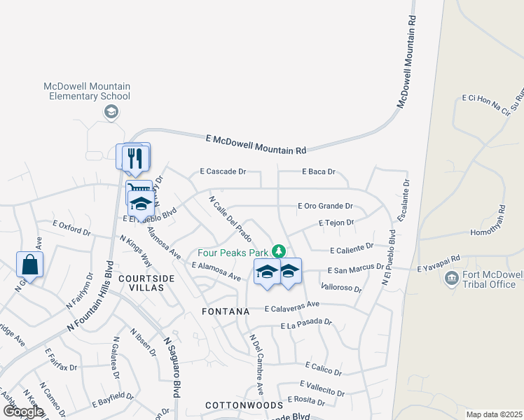 map of restaurants, bars, coffee shops, grocery stores, and more near 17131 East Oro Grande Drive in Fountain Hills