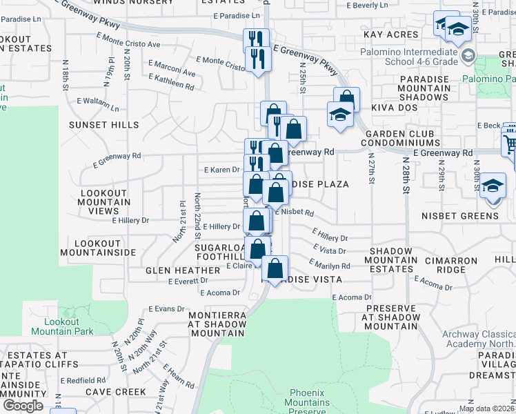 map of restaurants, bars, coffee shops, grocery stores, and more near 15049 North 23rd Place in Phoenix