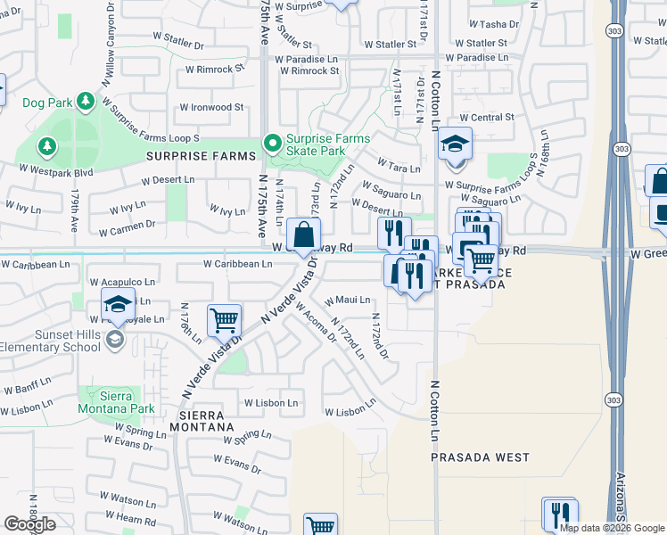 map of restaurants, bars, coffee shops, grocery stores, and more near 17260 West Caribbean Lane in Surprise
