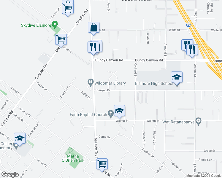 map of restaurants, bars, coffee shops, grocery stores, and more near 34242 Dorof Court in Wildomar