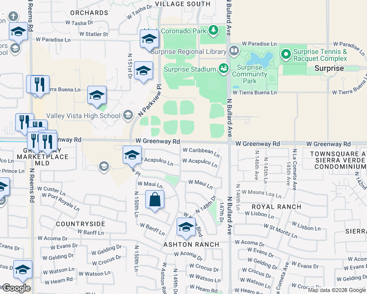 map of restaurants, bars, coffee shops, grocery stores, and more near 14894 West Caribbean Lane in Surprise