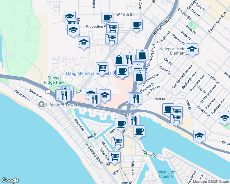 map of restaurants, bars, coffee shops, grocery stores, and more near 280 Cagney Lane in Newport Beach
