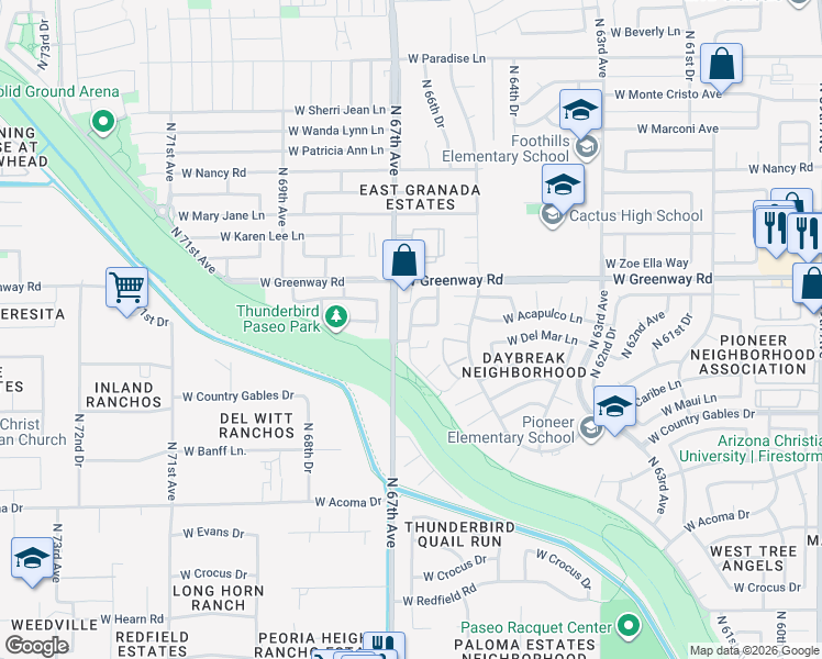 map of restaurants, bars, coffee shops, grocery stores, and more near 15225 North 66th Lane in Glendale