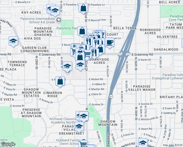 map of restaurants, bars, coffee shops, grocery stores, and more near 3216 East Sunnyside Lane in Phoenix