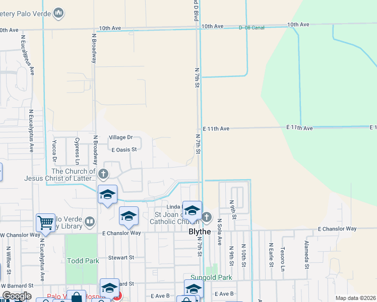 map of restaurants, bars, coffee shops, grocery stores, and more near North 7th Street in Blythe