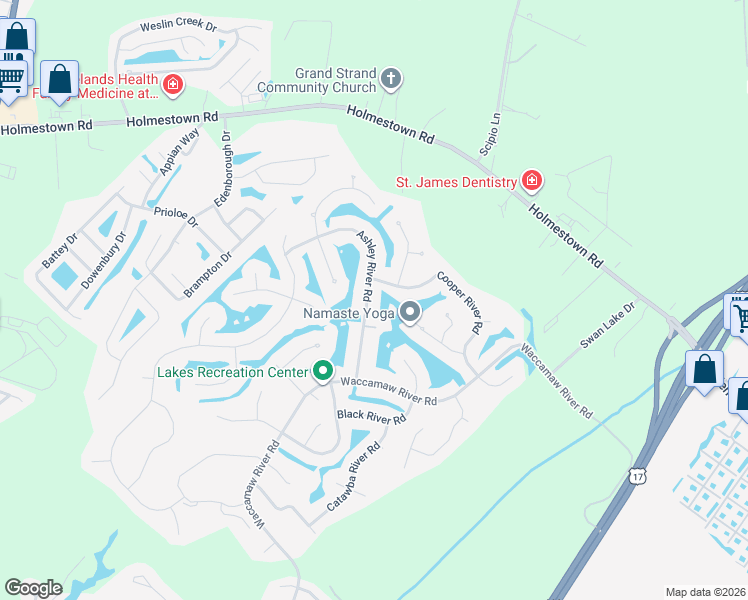 map of restaurants, bars, coffee shops, grocery stores, and more near 123 Ashley River Road in Myrtle Beach