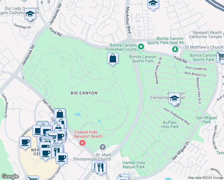map of restaurants, bars, coffee shops, grocery stores, and more near 38 Royal Saint George Road in Newport Beach