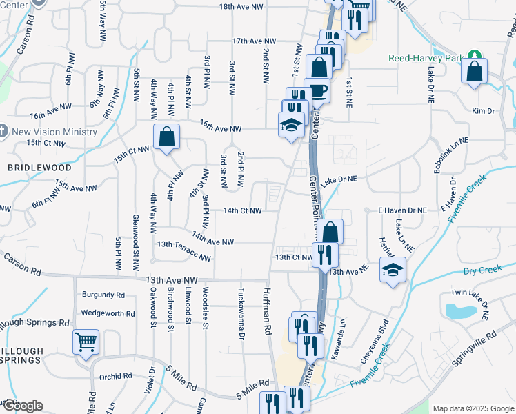 map of restaurants, bars, coffee shops, grocery stores, and more near 1433 2nd Street Northwest in Center Point