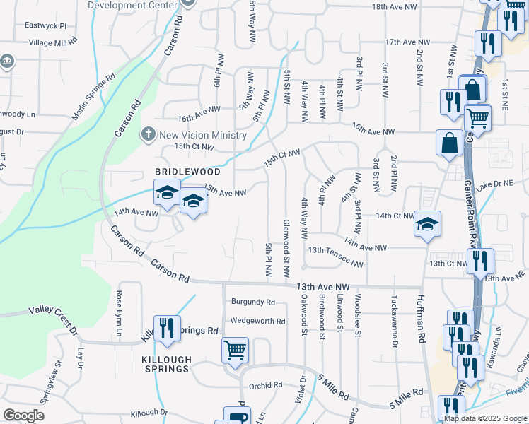 map of restaurants, bars, coffee shops, grocery stores, and more near 1372 5th Place Northwest in Center Point