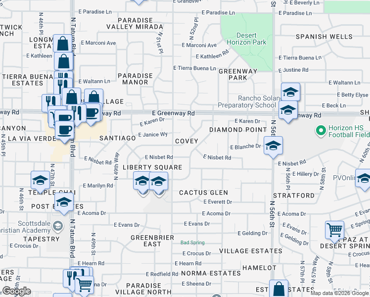map of restaurants, bars, coffee shops, grocery stores, and more near 5239 East Blanche Drive in Scottsdale