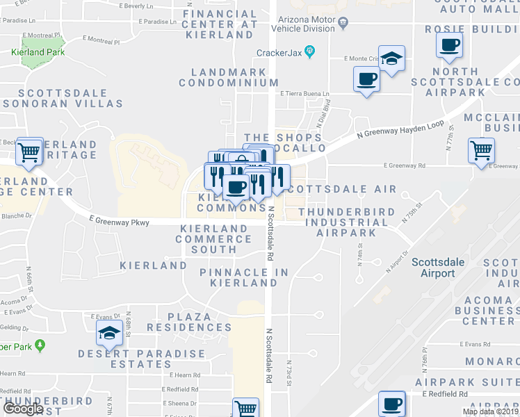 map of restaurants, bars, coffee shops, grocery stores, and more near 7132 East Greenway Parkway in Scottsdale