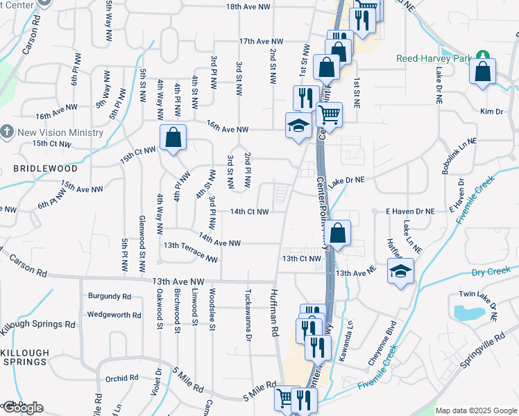 map of restaurants, bars, coffee shops, grocery stores, and more near 108 14th Court Northwest in Center Point