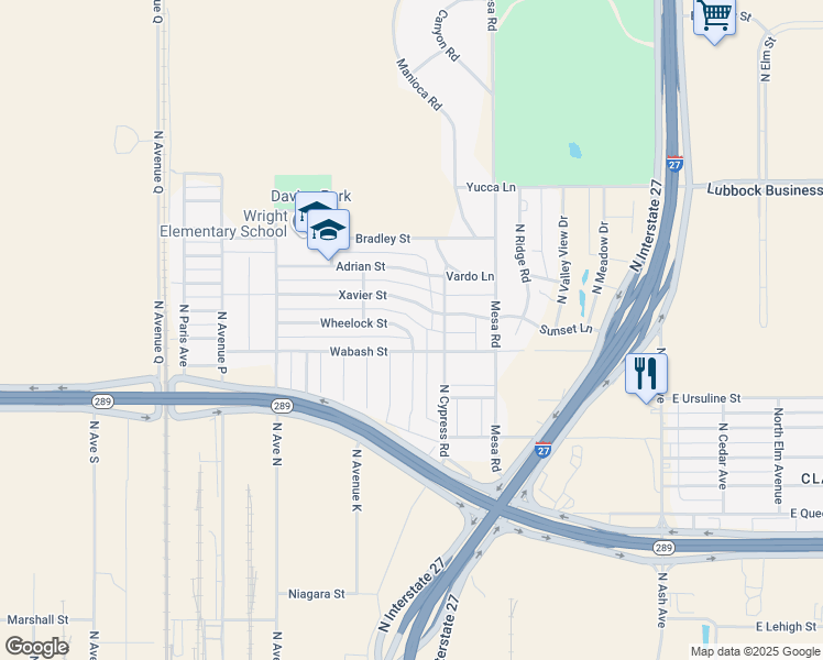 map of restaurants, bars, coffee shops, grocery stores, and more near 909 Xavier Street in Lubbock
