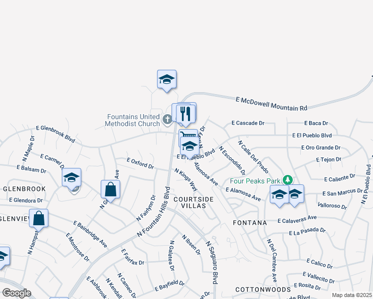 map of restaurants, bars, coffee shops, grocery stores, and more near 16751 East Glenbrook Boulevard in Fountain Hills