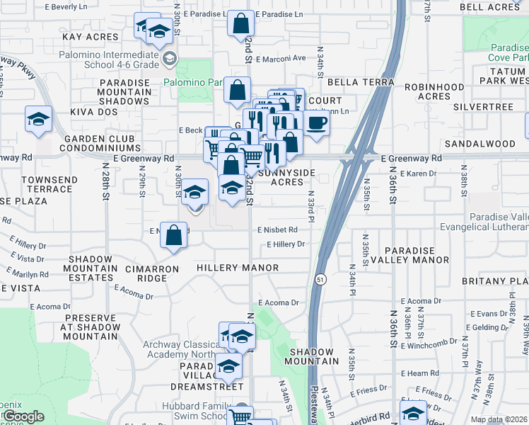 map of restaurants, bars, coffee shops, grocery stores, and more near 3216 East Sunnyside Lane in Phoenix