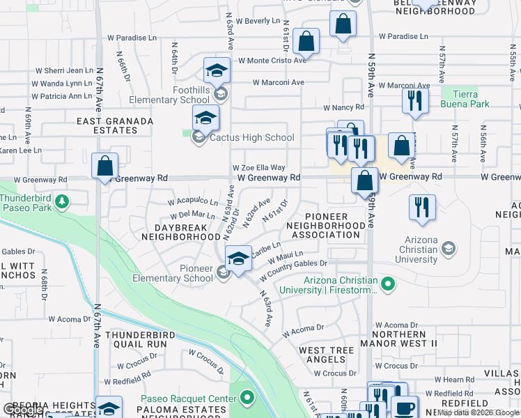 map of restaurants, bars, coffee shops, grocery stores, and more near 15284 North 62nd Avenue in Glendale
