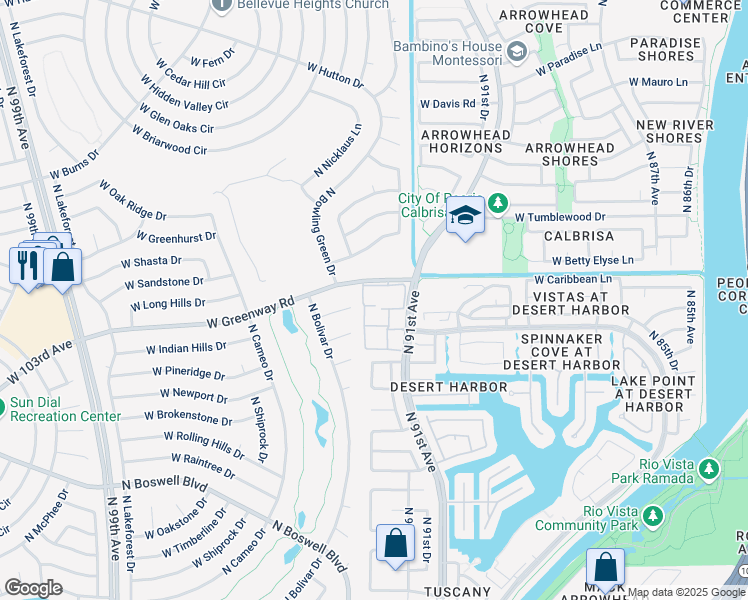 map of restaurants, bars, coffee shops, grocery stores, and more near 9201 West Greenway Road in Peoria
