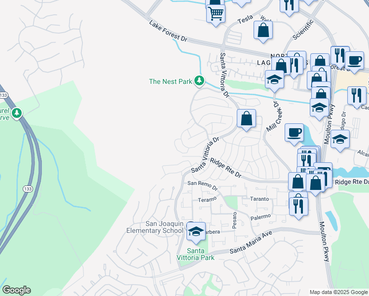 map of restaurants, bars, coffee shops, grocery stores, and more near 22182 Caminito Zaragoza in Laguna Hills