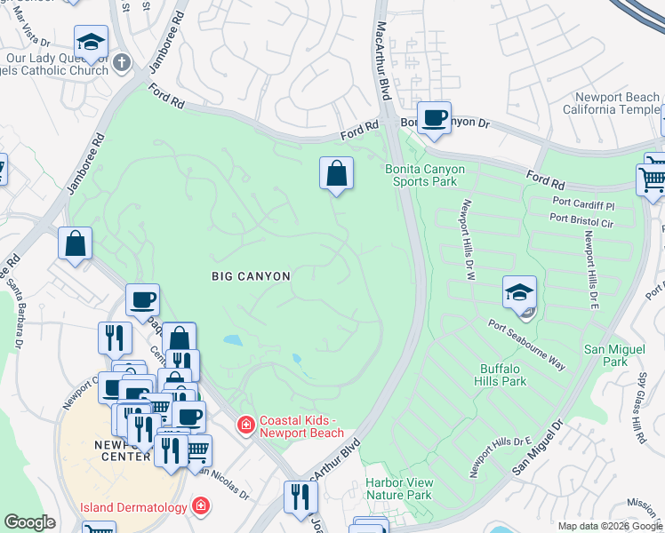 map of restaurants, bars, coffee shops, grocery stores, and more near 5 Pinehurst Lane in Newport Beach