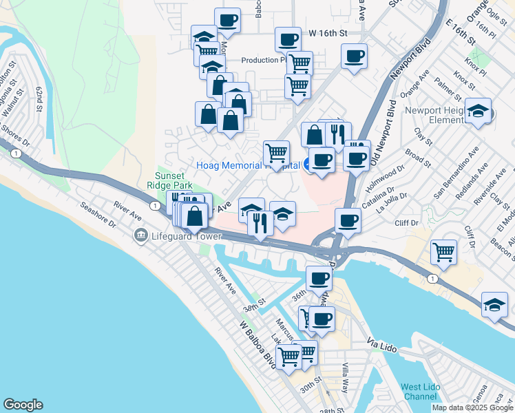 map of restaurants, bars, coffee shops, grocery stores, and more near 220 Nice Lane in Newport Beach