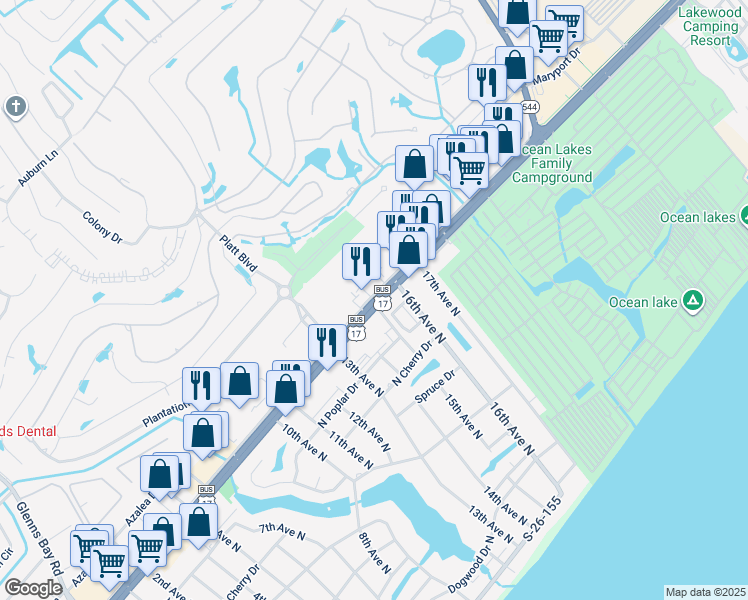 map of restaurants, bars, coffee shops, grocery stores, and more near 1500 U.S. 17 Business in Surfside Beach