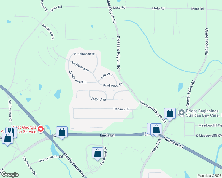 map of restaurants, bars, coffee shops, grocery stores, and more near 105 Rainier Court in Carrollton