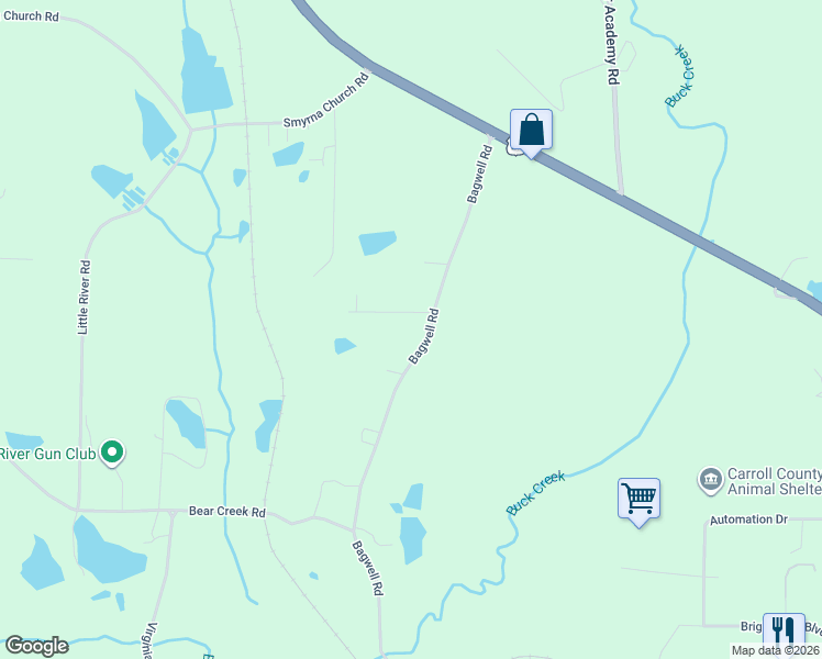 map of restaurants, bars, coffee shops, grocery stores, and more near 100 Green Acres Drive in Carrollton
