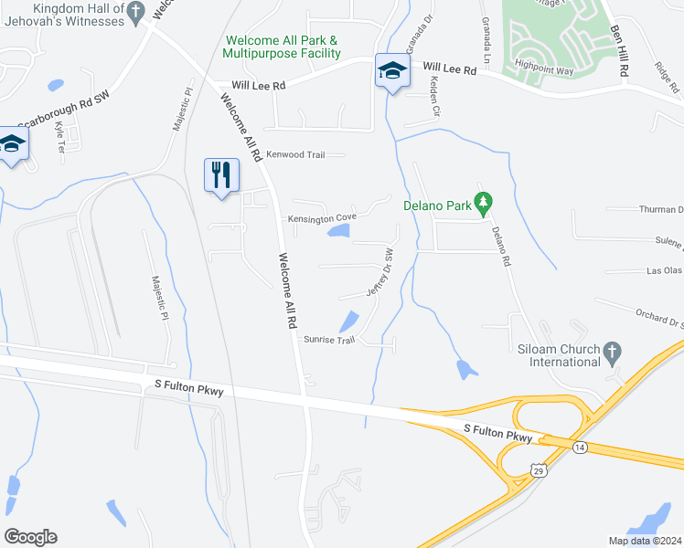 map of restaurants, bars, coffee shops, grocery stores, and more near 4120 Morning Trail Southwest in College Park