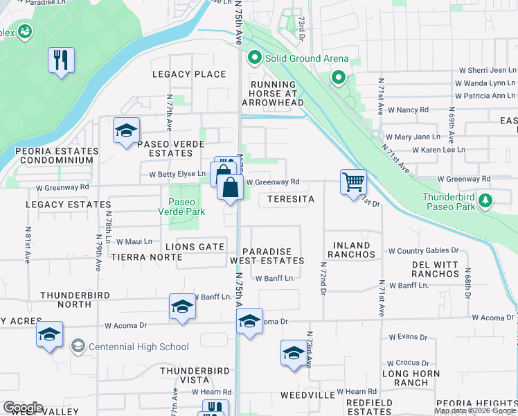 map of restaurants, bars, coffee shops, grocery stores, and more near 11730 North 74th Drive in Peoria