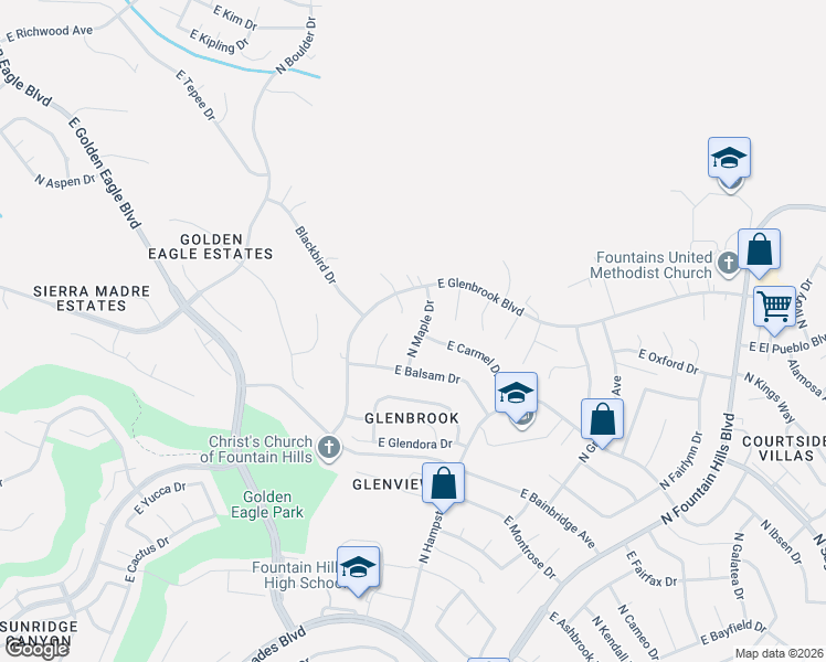 map of restaurants, bars, coffee shops, grocery stores, and more near 15203 Catalpa Place in Fountain Hills