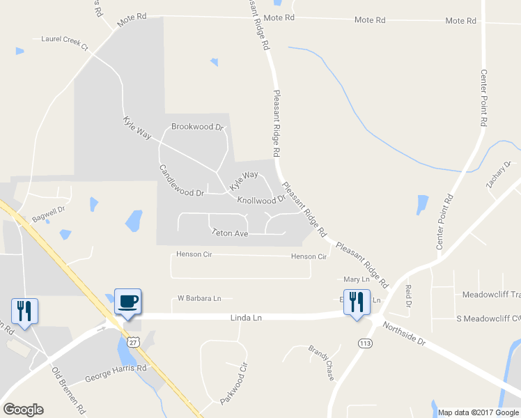 map of restaurants, bars, coffee shops, grocery stores, and more near 105 Rainier Court in Carrollton