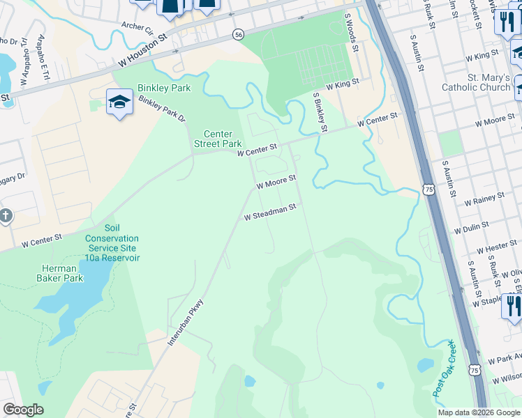 map of restaurants, bars, coffee shops, grocery stores, and more near 1331 West Moore Street in Sherman
