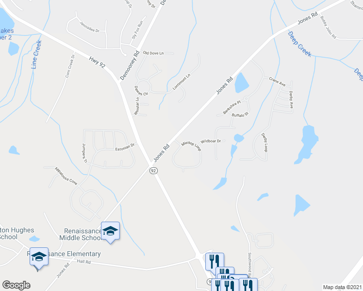 map of restaurants, bars, coffee shops, grocery stores, and more near Misttop Loop in Fairburn