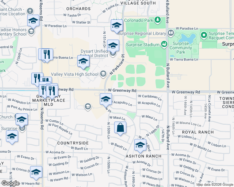 map of restaurants, bars, coffee shops, grocery stores, and more near 14966 West Caribbean Lane in Surprise