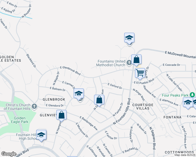map of restaurants, bars, coffee shops, grocery stores, and more near 16512 East Glenbrook Boulevard in Fountain Hills