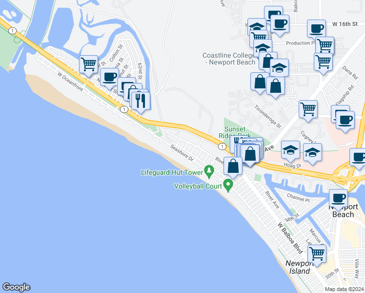 map of restaurants, bars, coffee shops, grocery stores, and more near 5302 Neptune Avenue in Newport Beach